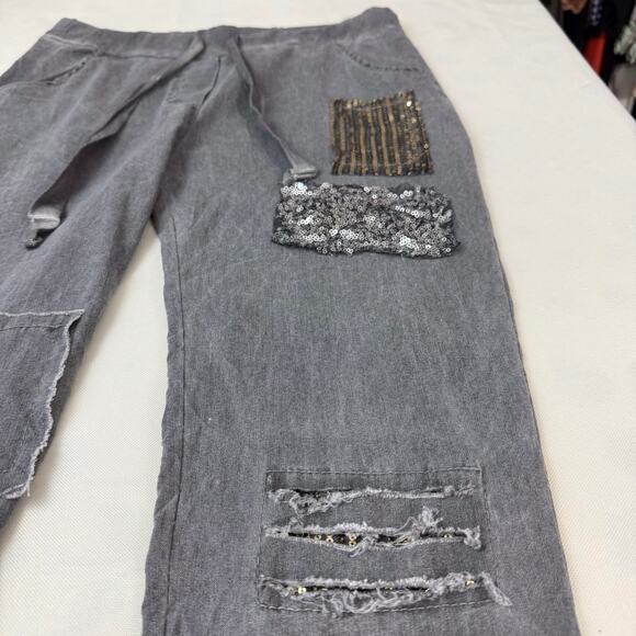 Made In Italy Charcoal Pull On Gray Pants Sequin Patches Wide Drawstring Waist - Picture 6 of 16